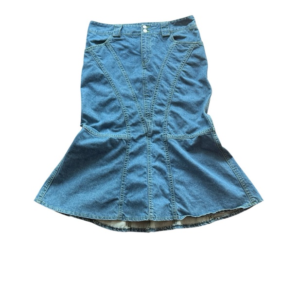 Vintage 90s Nanette Lepore Y2K Denim Fishtail Flare Denim Skirt SZ 4 Made in USA - Picture 1 of 10